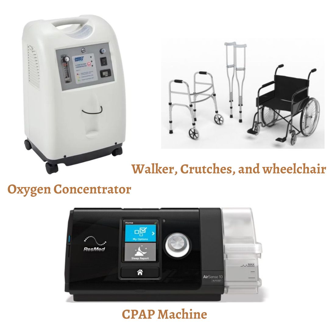 DME items available such as CPAP machine, Oxygen Concentrator, Wheelchair, Oxygen supplies, and mask