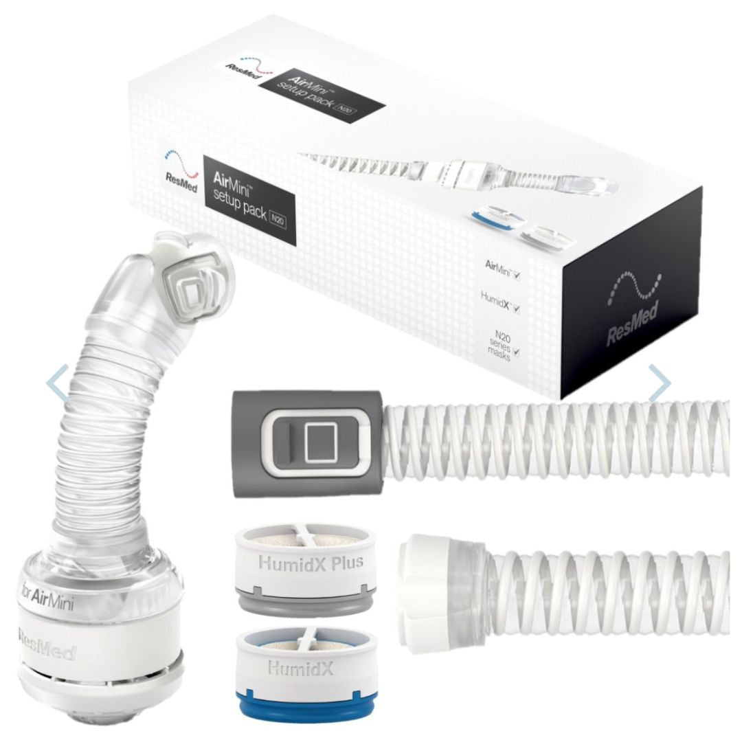 The AirMini™ Mask Setup Pack AirFit™ N20 is the nasal mask option for use with the ResMed AirMini™ travel CPAP. This kit has the N20 elbow that is necessary to connect the AirFit™ N20 nasal CPAP mask to the AirMini™ AutoSet™ travel CPAP machine.
